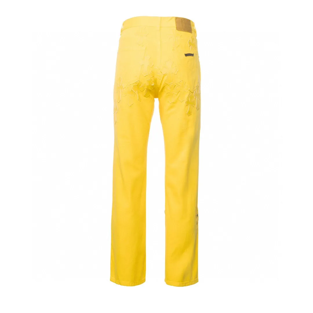 P270 New Chrome Hearts｜Cro Heart Fan Chengcheng’s same style of New York-limited large leather label dopamine yellow jeans. Charming dopamine personality jeans, indispensable for fashionistas. The same style for celebrities. A model touted by many bloggers. This new pair of pants is perfect in terms of shape and upper body. It is no exaggeration to say that making a pair of jeans is equivalent to the time of making 20 short-sleeved jeans. The fabric is made of high-quality imported denim. It has a unique high-end texture. I am very satisfied with it after washing and proofing several times. Style No.: 1613# Color: Yellow Size: 28 30 32 34